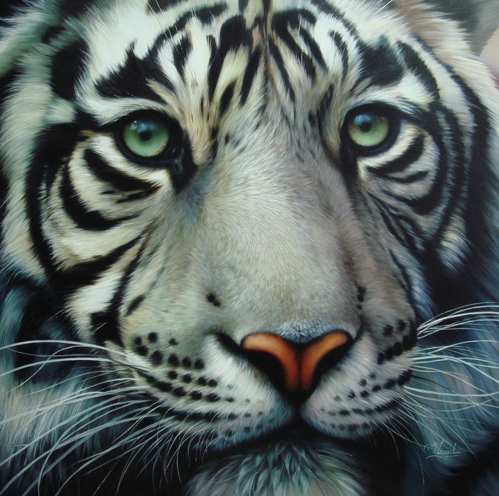 Close-up painting of a white tiger's face