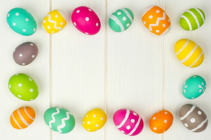 Easter Eggs on White Wood Planks