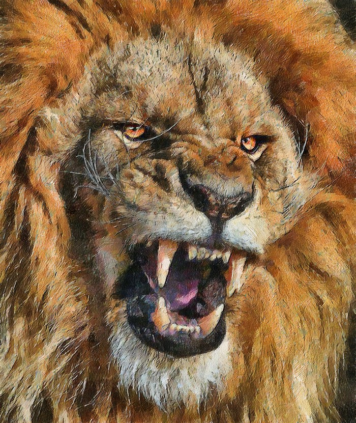 Roaring Lion Close-Up Painting with Fierce Expression