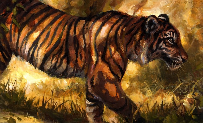 Painting of a tiger walking through tall grass