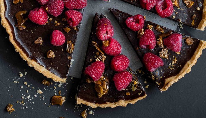 Chocolate raspberry tart slices with caramel