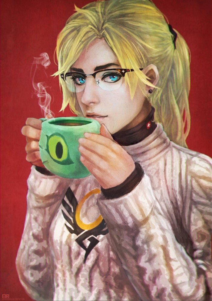 Mercy from Overwatch holding a mug