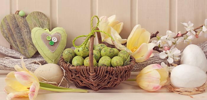 Easter Eggs and Tulips in a Wicker Basket