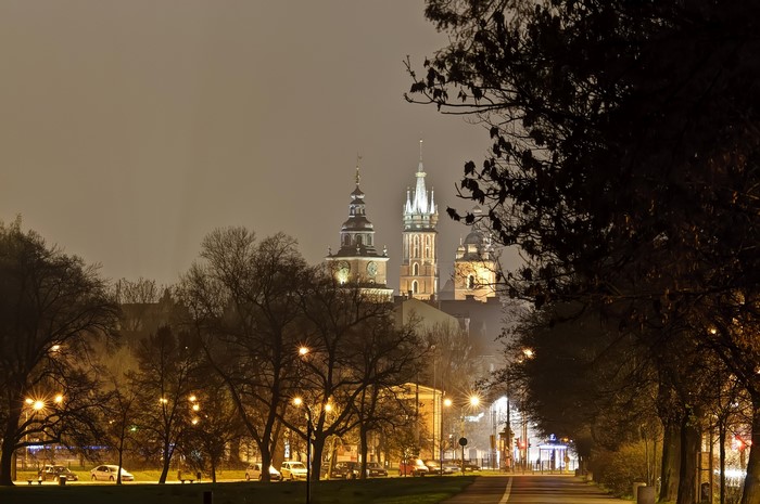 Wawel Castle at night in Krakow, Poland