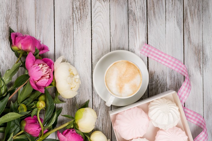 Peonies, Zefir, and Cappuccino on Wood Planks