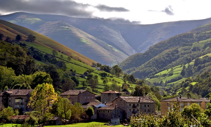 Village in a mountain valley in Cantabria, Spain