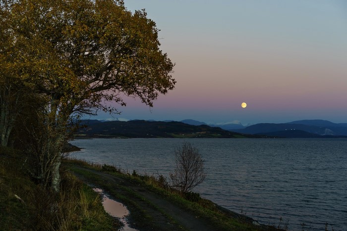 Norway Evening Moon over Water and Mountains