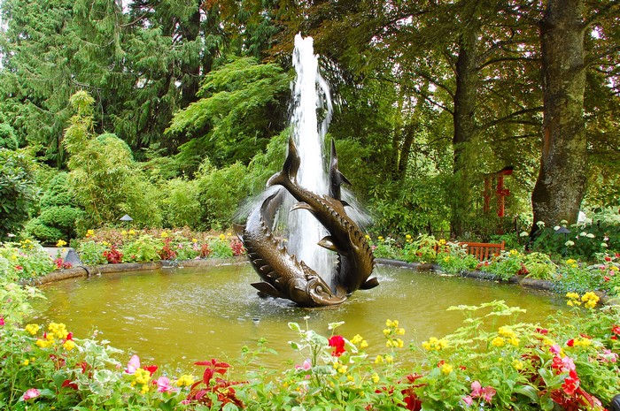 Fountain with fish sculptures in a garden
