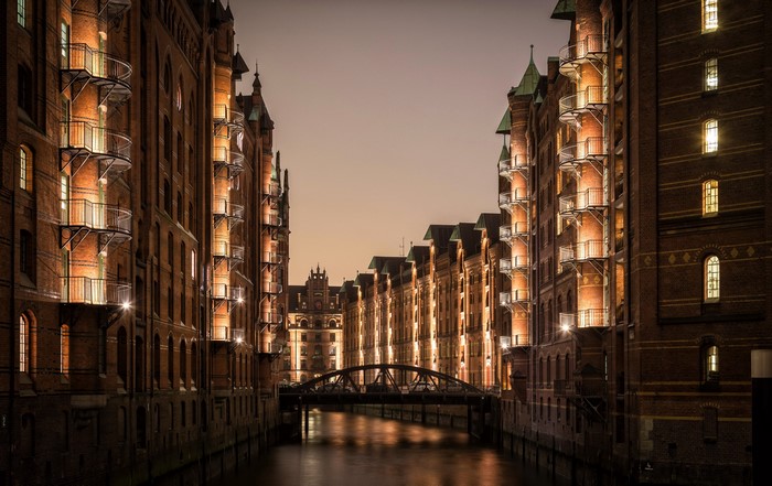 Speicherstadt Warehouses and Bridge at Night in Hamburg