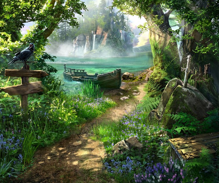 Fantasy forest path with boat and sword