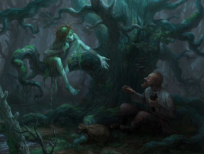 Forest spirit and man in a dark forest