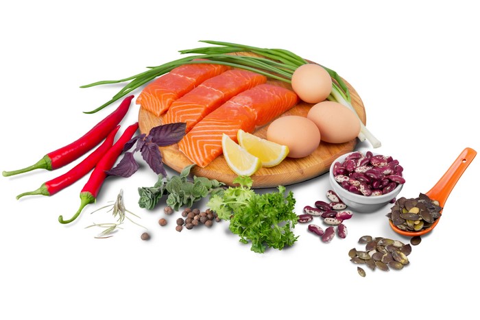 Salmon, Eggs, Chili Peppers, Beans, and Herbs