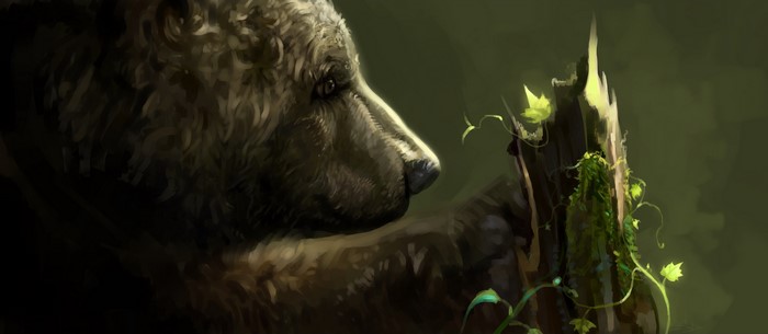 Painting of a brown bear looking at a mossy stump