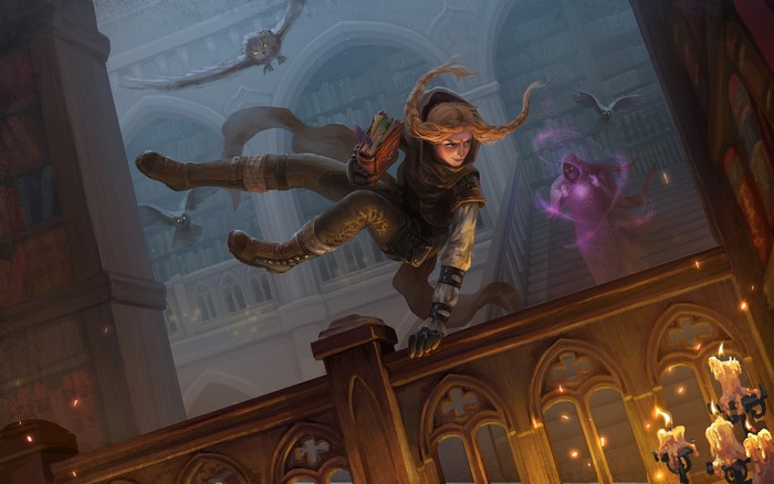 Thief jumping in a library with owls and a ghost