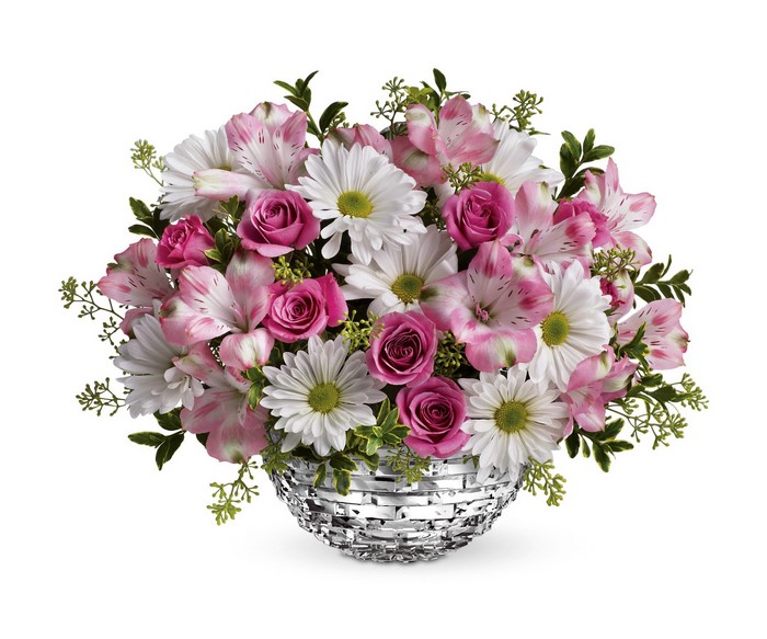 Pink Roses, Daisies, and Alstroemeria in a Silver Vase