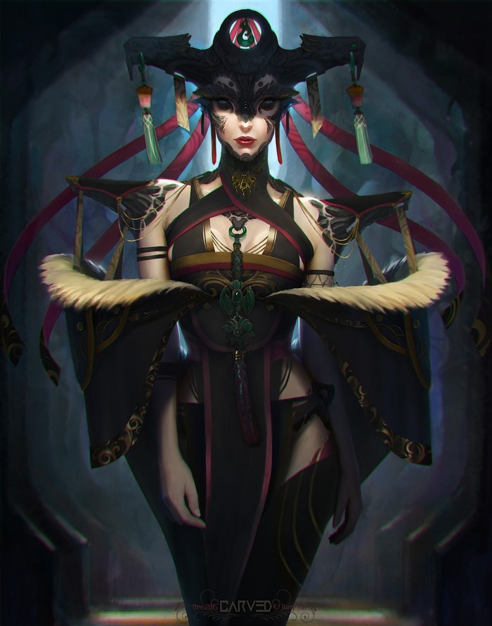 Woman in ornate dark costume with elaborate headdress
