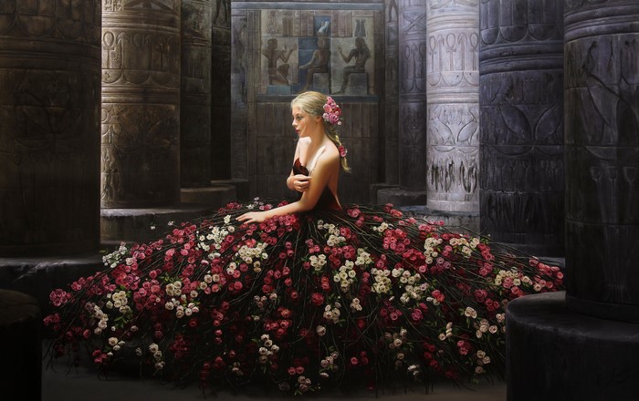 Woman in a Rose Dress in Ancient Egyptian Temple