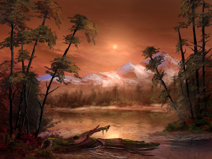 Painting of a lake and mountains at sunset