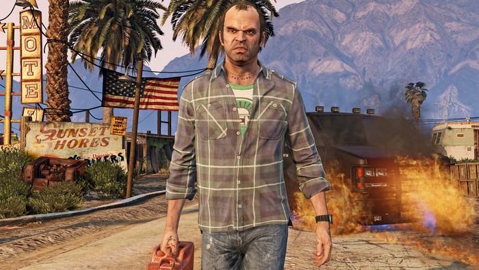 Trevor Philips from GTA 5 with a burning car