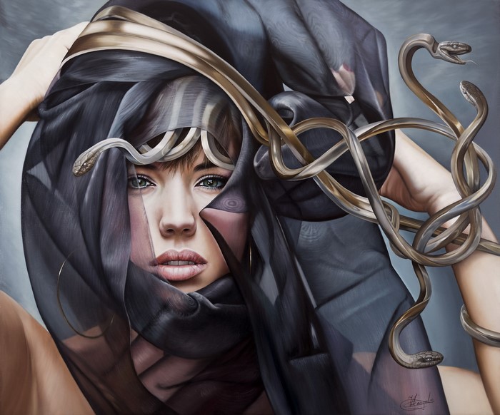Medusa with Snakes and Black Veil