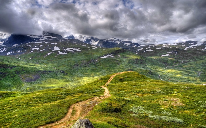 Mountain landscape with a hiking trail and snow-capped peaks
