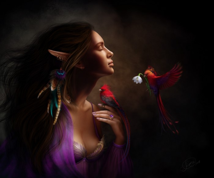 Elf woman with birds and flowers