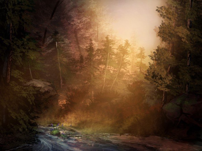 Painting of a forest with a stream and sunlight