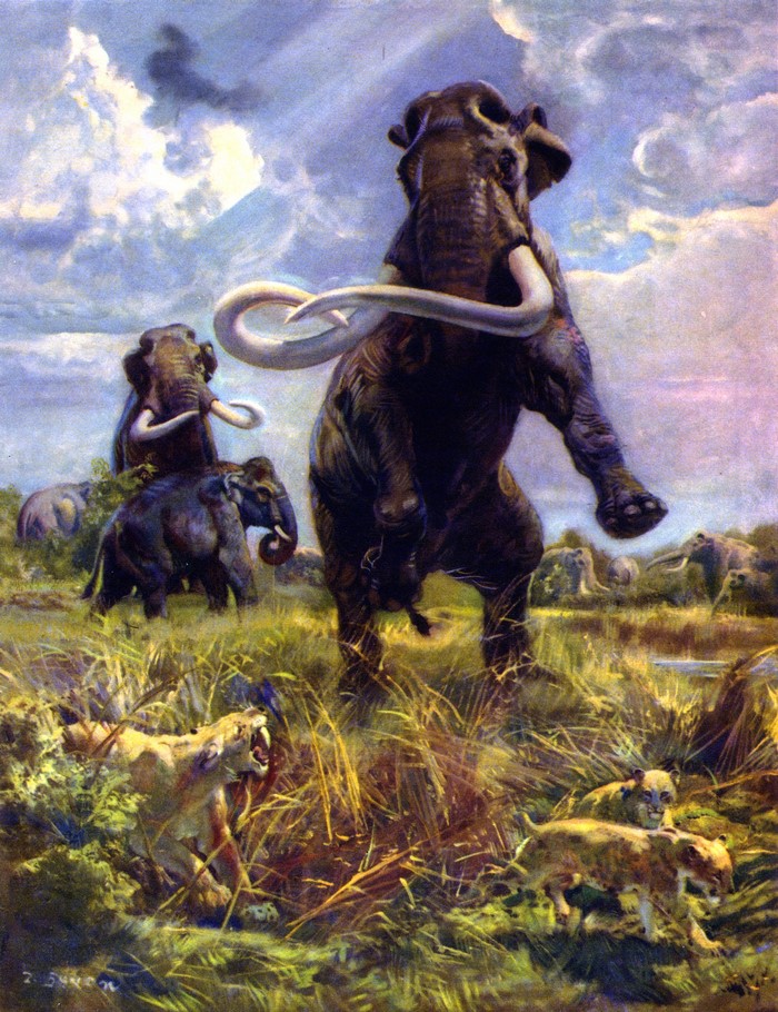 Mammoths and lions in a prehistoric landscape by Zdenek Burian