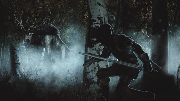 Geralt of Rivia from The Witcher 3: Wild Hunt hunting a monster