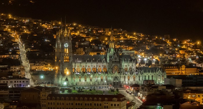 Basílica del Voto Nacional in Quito, Ecuador at night