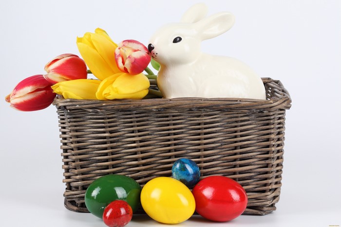 Easter basket with tulips, bunny, and eggs