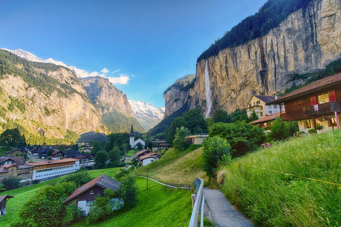 Lauterbrunnen, Switzerland Village with Mountains and Waterfall