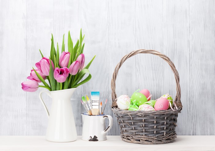 Easter Tulips and Painted Eggs in a Basket