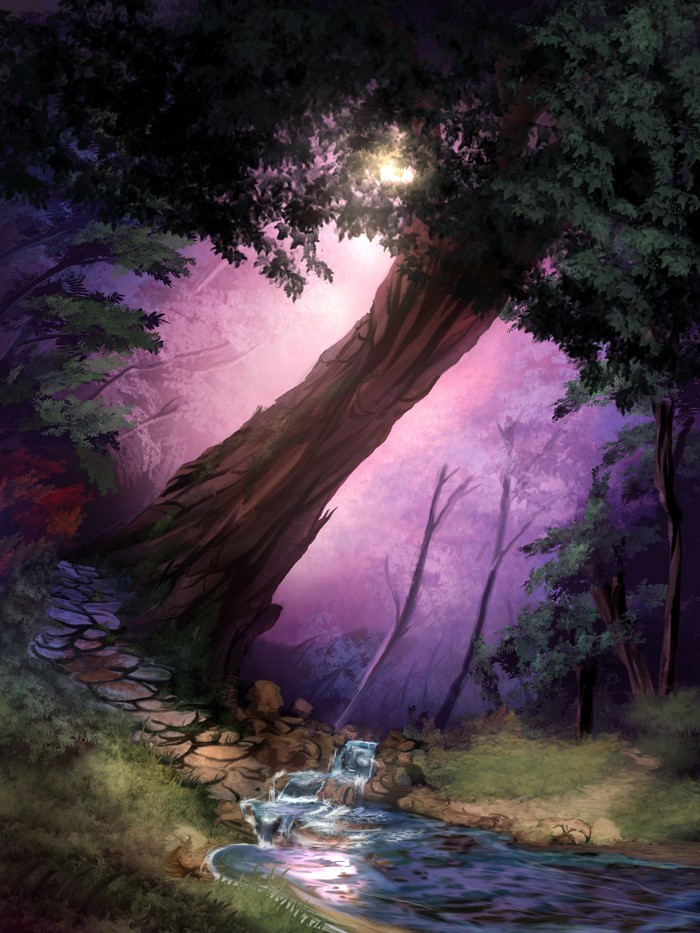 Enchanted forest with a stream and stone path