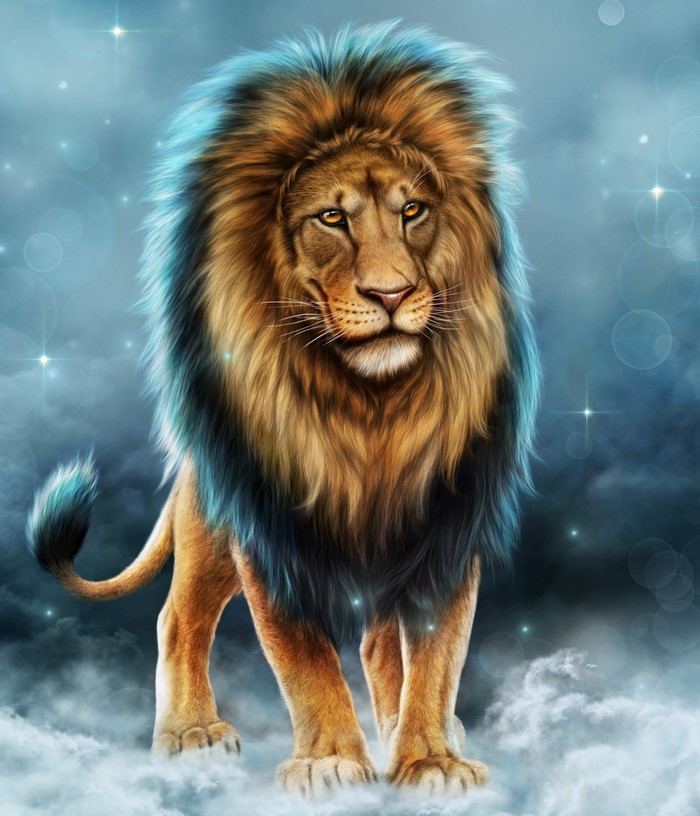 Lion with blue-tipped mane in clouds