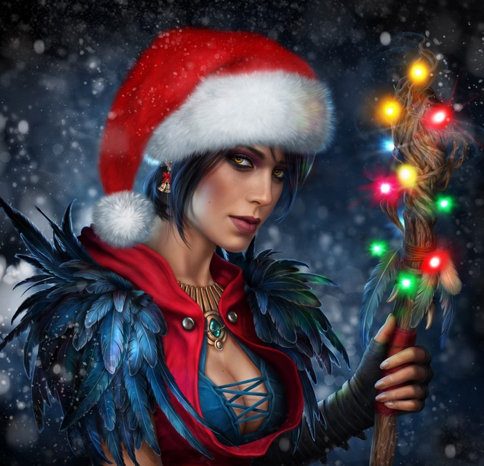 Morrigan in Christmas Attire with Fairy Lights