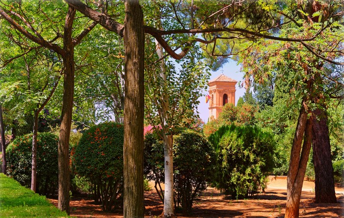 Park in Andalusia, Granada, Spain with a tower