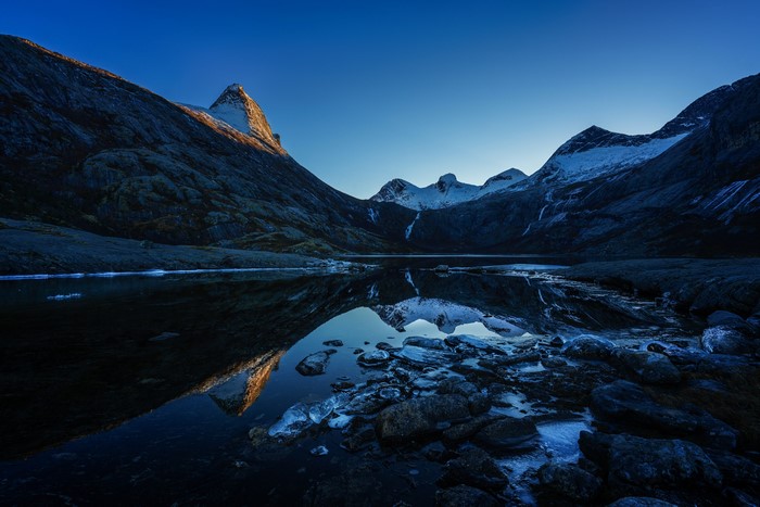 Mountains reflected in a lake at dusk in Norway