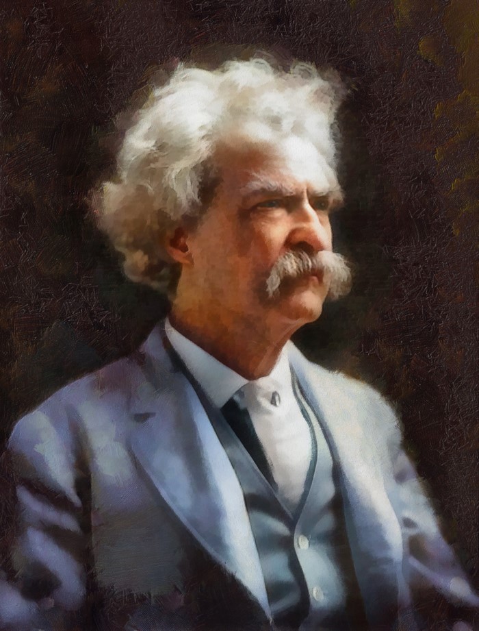 Painting of Mark Twain with a mustache