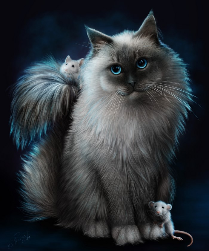 Fluffy cat with blue eyes and two mice