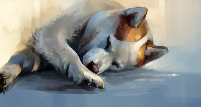 Painting of a sleeping dog