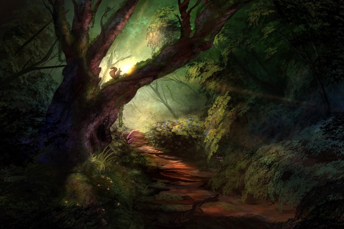 Painting of a forest trail with a squirrel