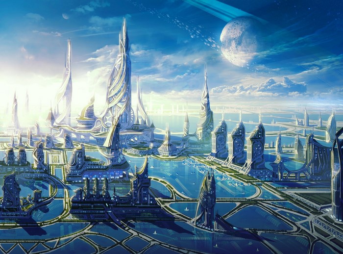 Futuristic city with advanced architecture and a planet in the sky