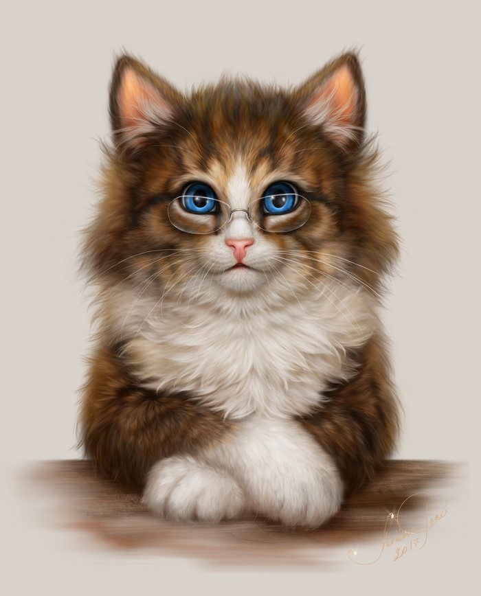 Fluffy cat with glasses, digital painting