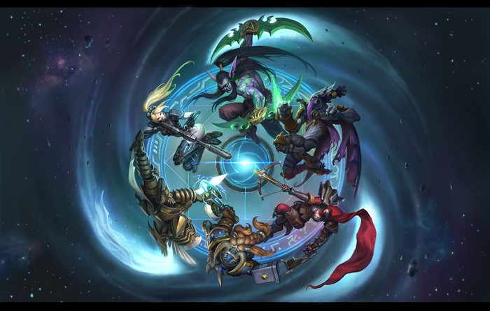 Heroes of the Storm characters in a cosmic vortex