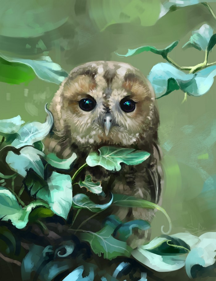 Painting of an owl perched among green leaves