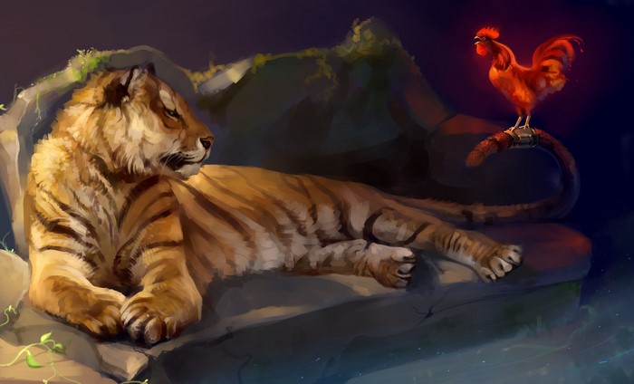 Tiger resting near a rooster on a rock