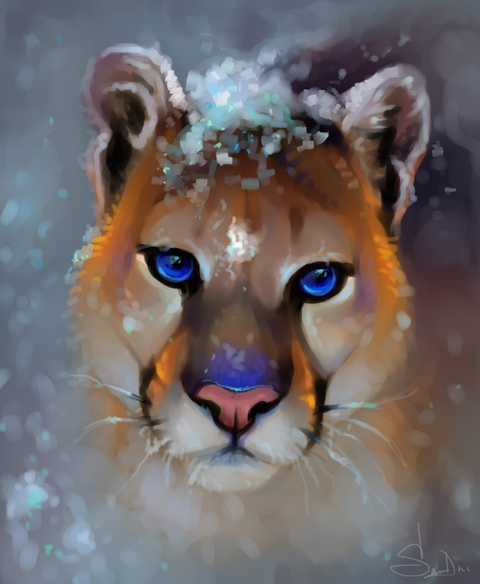 Painting of a Cougar with Blue Eyes in Snow