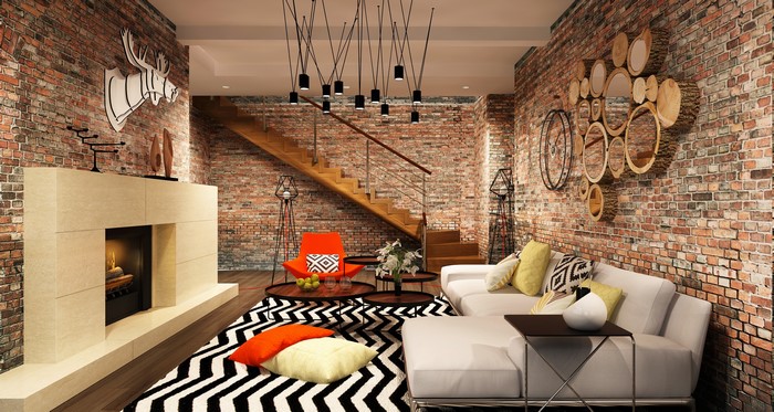 Modern living room with brick walls, fireplace, and sofa