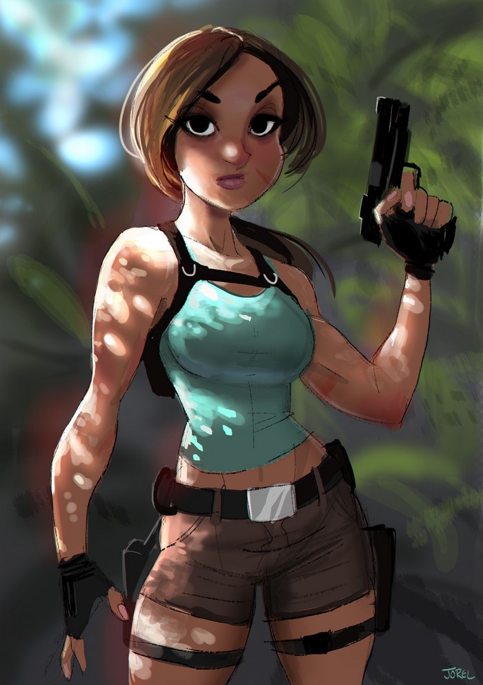 Lara Croft from Tomb Raider holding a pistol